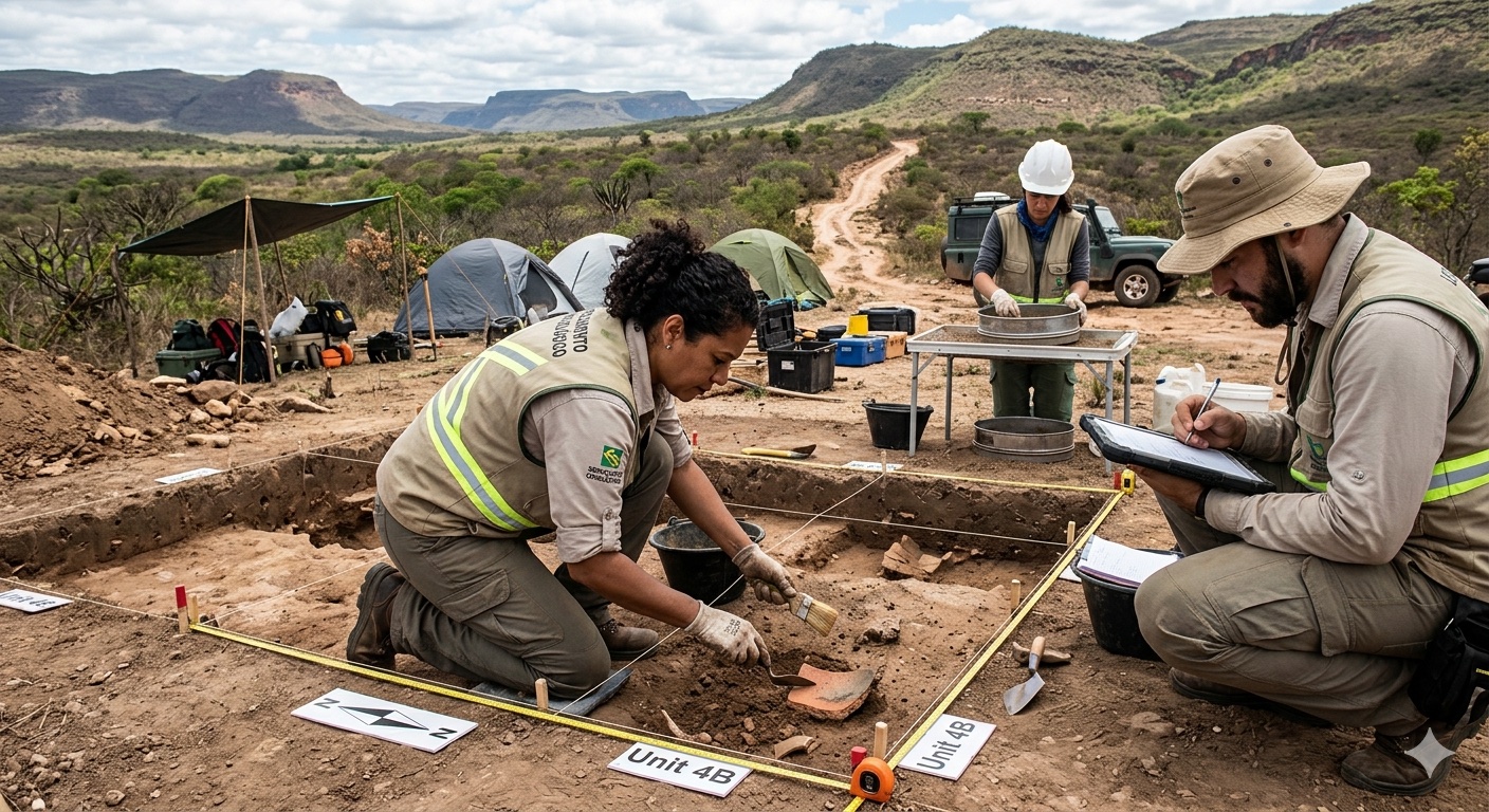 Equipe de campo coletando dados ambientais em área de mata